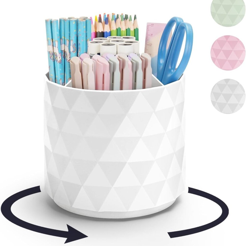 Diamond-Like 360° Rotating Desk Organizer - 5 Compartments Pencil Holder White